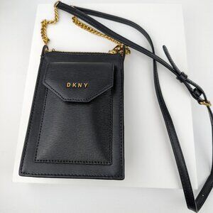 DKNY Alexa Leather Phone Black Gold Chain Crossbody Bag Purse 7 in x 5 in EUC
